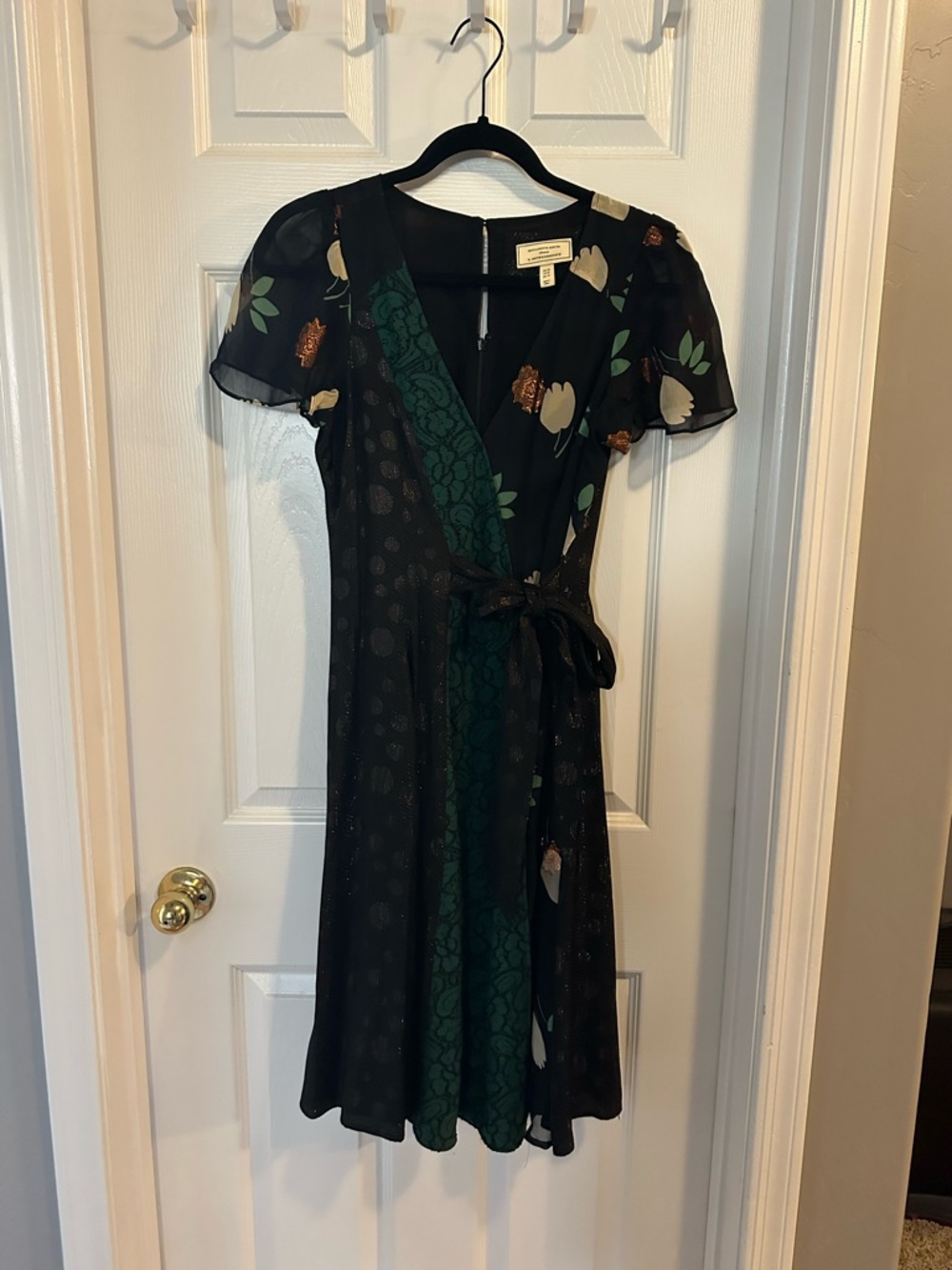 Anthropologie Moulinette Soeurs Black & Green Floral Wrap Midi Dress